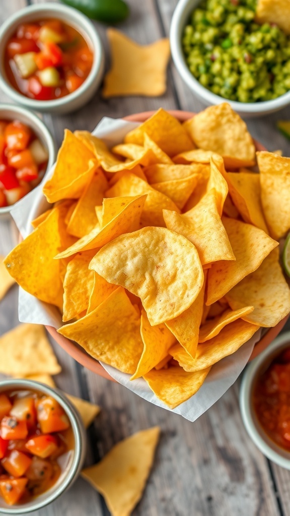 Classic Tortilla Chips with Salsa A bowl of crispy tortilla chips with salsa and guacamole on a rustic table.